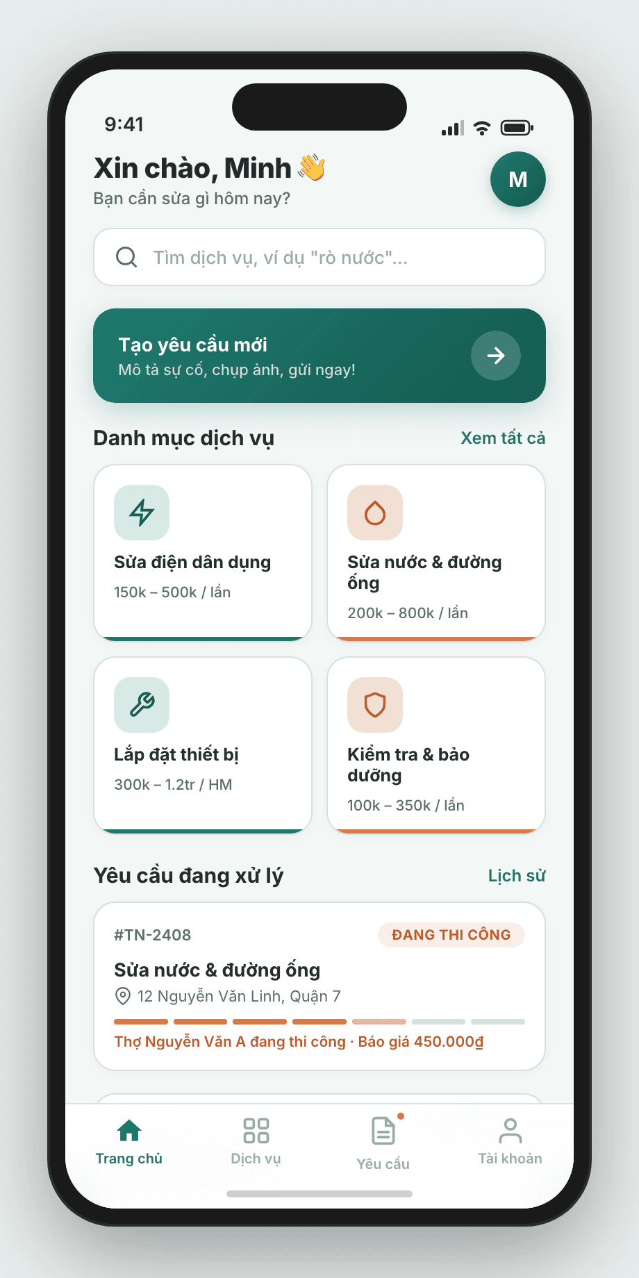 Màn trang chủ app — danh mục dịch vụ và yêu cầu đang xử lý